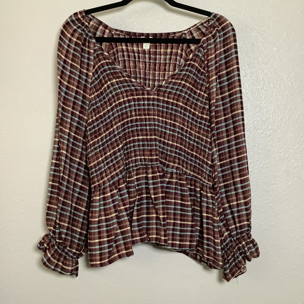 Burgundy‎ Multicolor Plaid Tartan Country Cowgirl Smocked Peasant Blouse 18/20W